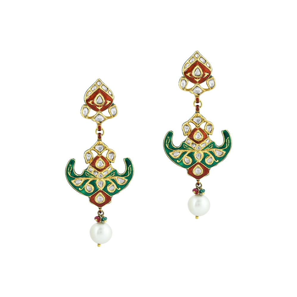 Polki Earrings with Green-Red Enamel, Floral Motif and Pearls